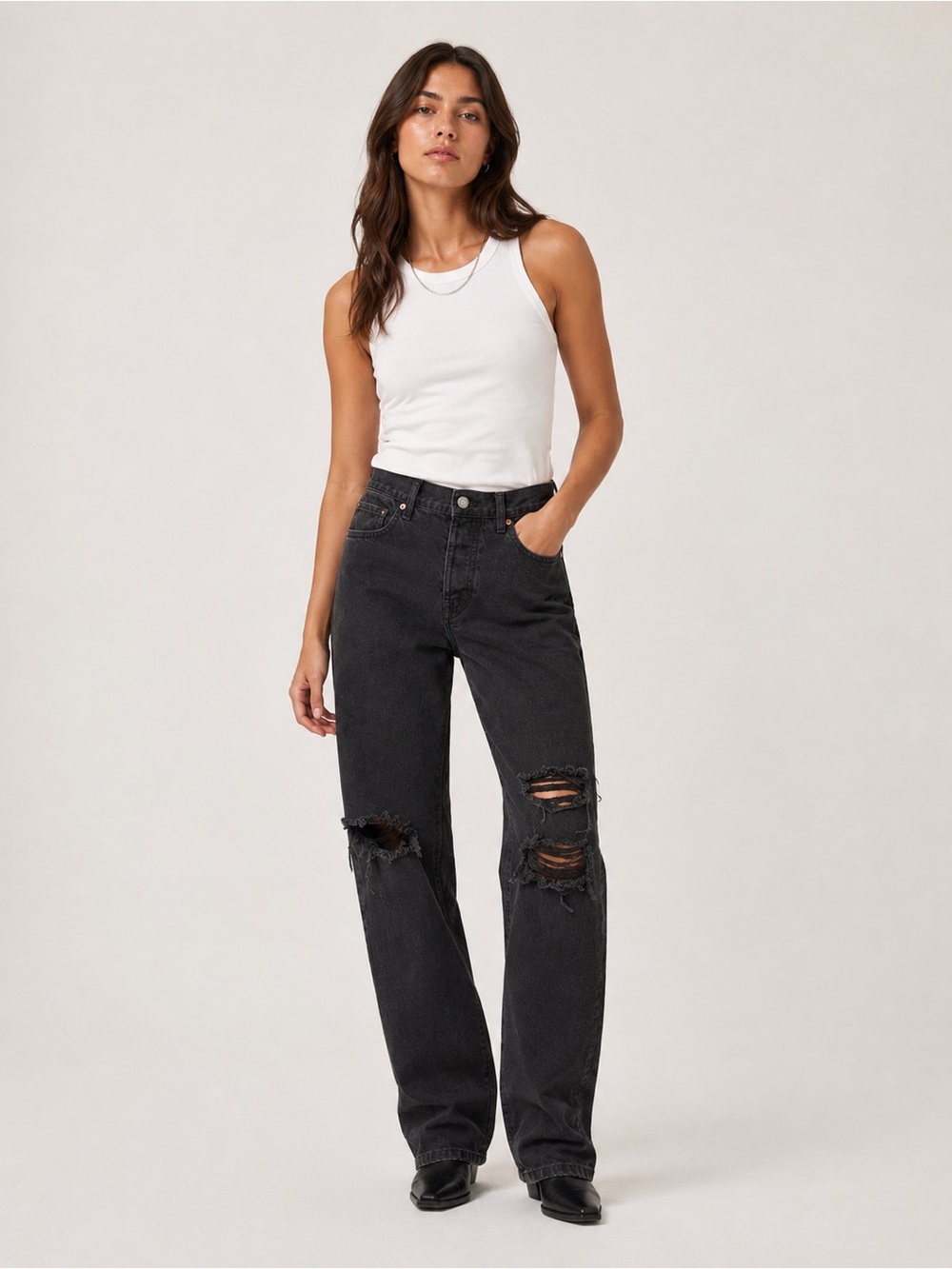 Free People- We The Free Black Ripped Straight-Leg Jeans